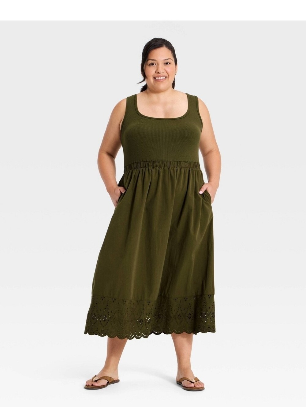 Ava & Viv Women's Plus Sleeveless Ribbed Square Neck Midi Summer Dress, 4X Olive